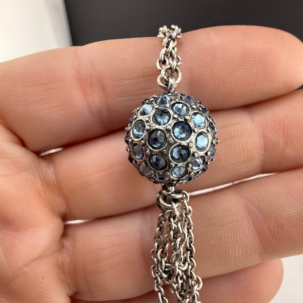 Touchstone Crystal Necklace Silver Blue Tassel Crystal Ball Station 32in